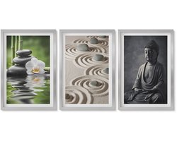 Wallfluent 4-Delige Schilderij Set - Ontspannend uitzicht op Boeddha, strandstenen en bamboe. - 40 x 60 cm - Muurdecoratie - Wanddecoratie - Hal - Woonkamer Decoratie