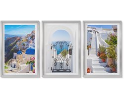 Wallfluent 4-Delige Schilderij Set - Uitzichten op Santorini en de Griekse architectuur van de stad Oia. - 40 x 60 cm - Wanddecoratie - Schilderijen Set - Kantoor - Woonkamer Decoratie