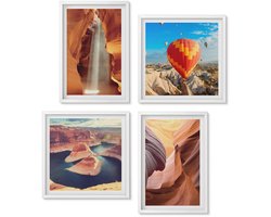 Wallfluent 4-Delige Schilderij Set - Waterval in de kloof Rotsformaties in de canyon - 40x40 en 40x60 - Wanddecoratie - Woonkamer Decoratie - Moderne Wanddecoratie