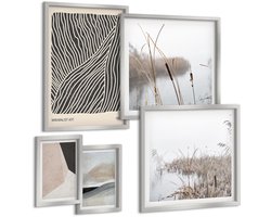 Wallfluent 5-Delige Schilderij Set - Abstracte Plantencomposities In Boho-Stijl - 20 x 30 cm - Wanddecoratie - Schilderijen Set - Kantoor - Woonkamer Decoratie