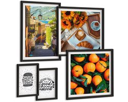 Wallfluent 5-Delige Schilderij Set - Cafésfeer, Uitzicht Op De Straat En Heerlijke Accenten. - 50 x 50 cm, 20 x 30 cm En 40 x 60 cm - Muurdecoratie - Schilderijen Set - Woonkamer - Moderne Wanddecoratie