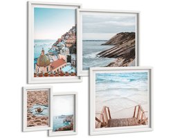 Wallfluent 5-Delige Schilderij Set - Italiaanse Kustplaatsen En Ontspannende Stranden - 50 x 50 cm, 20 x 30 cm En 40 x 60 cm - Schilderijen Set - Wanddecoratie - Woonkamer - Decoratieve Schilderijen