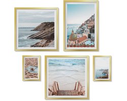 Wallfluent 5-Delige Schilderij Set - Italiaanse Kustplaatsen En Ontspannende Stranden - 50 x 50 cm, 20 x 30 cm En 40 x 60 cm - Schilderijen Set - Wanddecoratie - Woonkamer