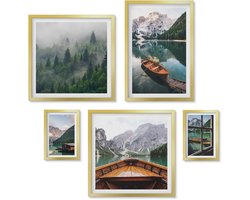Wallfluent 5-Delige Schilderij Set - Rustgevende uitzichten op bergmeren en pittoreske boten - 50 x 50 cm, 20 x 30 cm en 40 x 60 cm - Muurdecoratie - Interieur Decoratie - Woonkamer Decoratie
