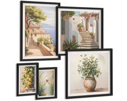 Wallfluent 5-Delige Schilderij Set - Stijlvolle Uitzichten Op Kustplaatsen En De Omliggende Vegetatie. - 50 x 50 cm, 20 x 30 cm En 40 x 60 cm - Muurdecoratie - Schilderijen Set - Woonkamer - Woonkamer Decoratie