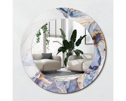 Wallfluent Bedrukte Ronde Spiegel - Ronde Spiegel Met Bedrukte Lijst Abstracte Kunst - 50 cm / 36 cm - Blauw - Blauw Ronde Spiegel Met Decoratie - Slaapkamerspiegel - Badkamerspiegel - Gang - Kleedkamer - Hangspiegel