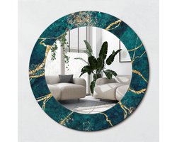 Wallfluent Bedrukte Ronde Spiegel - Ronde Spiegel Met Bedrukte Lijst Groen Marmer - 50 cm / 36 cm - Gouden - Gouden Ronde Spiegel Met Decoratie - Inloopkastspiegel - Badkamerspiegel - Toiletspiegel - Spiegel Met Haken