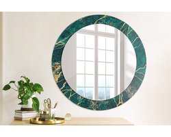 Wallfluent Bedrukte Ronde Spiegel - Ronde Spiegel Met Bedrukte Lijst Groen Marmer - 70 cm / 56 cm - Gouden - Gouden Ronde Spiegel Met Decoratie - Inloopkastspiegel - Badkamerspiegel - Toiletspiegel - Top Kwaliteit