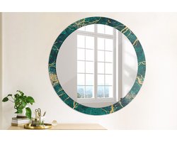 Wallfluent Bedrukte Ronde Spiegel - Ronde Spiegel Met Bedrukte Lijst Groen Marmer - 90 cm / 76 cm - Gouden - Gouden Ronde Spiegel Met Decoratie - Inloopkastspiegel - Badkamerspiegel - Toiletspiegel - Ronde vorm