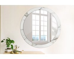 Wallfluent Bedrukte Ronde Spiegel - Ronde Spiegel Met Bedrukte Lijst Wit Marmer - 90 cm / 76 cm - Wit - Wit Ronde Spiegel Met Decoratie - Woonkamerspiegel - Inloopkastspiegel - Hal - Spiegel Met Haken
