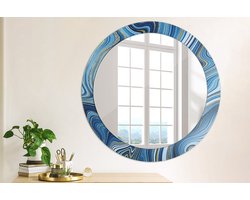 Wallfluent Bedrukte Ronde Spiegel - Ronde Spiegel Met Decoratie Marmeren Rivier - 80 cm / 66 cm - Gouden - Gouden Ronde Spiegel Lijst Met Print - Inloopkastspiegel - Badkamerspiegel - Toiletspiegel - Spiegel Met Haken