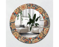 Wallfluent Bedrukte Ronde Spiegel - Ronde Spiegel Met Decoratie Retro Bloemen - 50 cm / 36 cm - Oranje - Oranje Ronde Spiegel Lijst Met Print - Badkamerspiegel - Gangspiegel - Eetkamer - Hal - Montageset