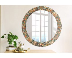 Wallfluent Bedrukte Ronde Spiegel - Ronde Spiegel Met Decoratie Retro Bloemen - 70 cm / 56 cm - Oranje - Oranje Ronde Spiegel Lijst Met Print - Badkamerspiegel - Gangspiegel - Eetkamer - Hal - Eenvoudige montage