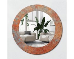 Wallfluent Bedrukte Ronde Spiegel - Ronde Spiegel Met Decoratie Roestig Metaal - 50 cm / 36 cm - Oranje - Oranje Ronde Spiegel Lijst Met Print - Woonkamerspiegel - Inloopkastspiegel - Hal - Hangspiegel