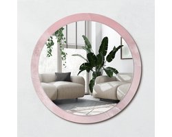 Wallfluent Bedrukte Ronde Spiegel - Ronde Spiegel Met Decoratie Roze Steen - 100 cm / 86 cm - Roze - Roze Ronde Spiegel Lijst Met Print - Badkamerspiegel - Gangspiegel - Eetkamer - Montageset