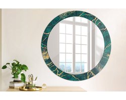Wallfluent Bedrukte Ronde Spiegel - Ronde Spiegel Met Print Groen Marmer - 80 cm / 66 cm - Gouden - Gouden Ronde Wandspiegel Met Print - Inloopkastspiegel - Badkamerspiegel - Toiletspiegel - Hangspiegel
