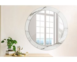 Wallfluent Bedrukte Ronde Spiegel - Ronde Spiegel Met Print Wit Marmer - 80 cm / 66 cm - Wit - Wit Ronde Wandspiegel Met Print - Woonkamerspiegel - Inloopkastspiegel - Hal - Spiegelmontageset