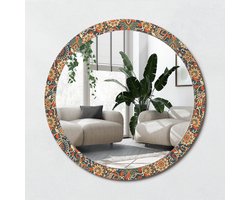 Wallfluent Bedrukte Ronde Spiegel - Ronde Wandspiegel Met Print Retro Bloemen - 100 cm / 86 cm - Oranje - Oranje Ronde Wandspiegel Decoratieve Print - Badkamerspiegel - Gangspiegel - Eetkamer - Hal - Spiegel Met Haken
