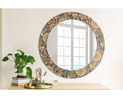Wallfluent Bedrukte Ronde Spiegel - Ronde Wandspiegel Met Print Retro Bloemen - 60 cm / 46 cm - Oranje - Oranje Ronde Wandspiegel Decoratieve Print - Badkamerspiegel - Gangspiegel - Eetkamer - Hal - Eenvoudige installatie