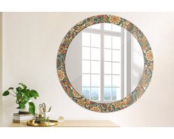 Wallfluent Bedrukte Ronde Spiegel - Ronde Wandspiegel Met Print Retro Bloemen - 80 cm / 66 cm - Oranje - Oranje Ronde Wandspiegel Decoratieve Print - Badkamerspiegel - Gangspiegel - Eetkamer - Hal - Wandmontage