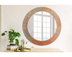 Wallfluent Bedrukte Ronde Spiegel - Ronde Wandspiegel Met Print Roestig Metaal - 60 cm / 46 cm - Oranje - Oranje Ronde Wandspiegel Decoratieve Print - Woonkamerspiegel - Inloopkastspiegel - Hal - Ronde vorm