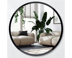 Wallfluent Bedrukte Ronde Spiegel - Zwart Spiegel op gehard Glas - Ronde Spiegel - 100 cm / 96 cm - Eenvoudige installatie - Inloopkastspiegel - Badkamerspiegel - Toiletspiegel - Woonkamerspiegel - Inloopkastspiegel - Hal -