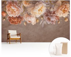 Wallfluent Behang - Bloemige elegantie Muurbehang - 416x254 cm - Bruin Behang - Voor liefhebbers van natuur en botanische kunst - Behang Voor de keuken, woonkamer en kantoor - Wandbekleding Bloemen en planten