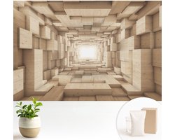 Wallfluent Behang - Houten tunnel Muurbehang - 104x70 cm - Beige Behang - Voor natuur- en kunstliefhebbers - Behang Voor de slaapkamer, woonkamer en badkamer - Behangrol Architectuur