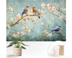Wallfluent Behang - Lente vogels Vliesbehang - 152x104 cm - Blauw Behang - Voor natuurliefhebbers - Behang Voor de slaapkamer, woonkamer en kantoor - Wanddecoratie Bloemen en planten