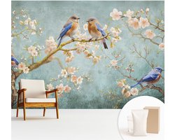 Wallfluent Behang - Lente vogels Vliesbehang - 312x219 cm - Blauw Behang - Voor natuurliefhebbers - Behang Voor de slaapkamer, woonkamer en kantoor - Wandbekleding Bloemen en planten