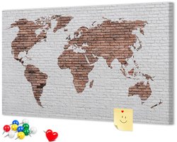 Wallfluent - Brick wereldkaart Prikbord - 60x40 cm - Veelkleurig Memobord Van Kurk - Kleurrijke Pinnen - Kurkbord Met Print - Kurkbord Wanddecoratie