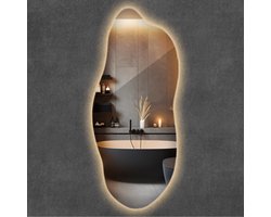 Wallfluent LED Grote Spiegel - Onregelmatige Spiegel Met LED - 45 cm x 100 cm - Make-up Spiegel - Decoratieve Spiegel - Badkamerspiegel - Gangspiegel - Eetkamer - Warm Wit 3000K - Energiezuinige Spiegel - Design Moderne Wandspiegel