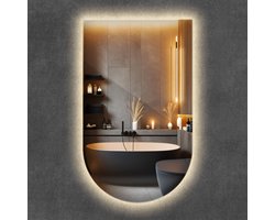 Wallfluent LED Spiegel - Boogvormige Spiegel met verlichting - 60 x 100 cm - Ovale afgeknotte Spiegel - Woonkamerspiegel – Badkamerspiegel – Halspiegel – Slaapkamerspiegel - Fitnessstudio - Warm Wit - Energiezuinige Spiegel - Spiegel in Loftstijl
