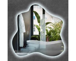 Wallfluent LED Spiegel - Grote LED Spiegel Organische Vorm - 48 x 48 cm - Vanity Spiegel - Scandinavische Wandspiegel - Koel Wit - Spiegel - voor slaapkamer kleedkamer woonkamer - Beauty salon - Decoratieve - Woonaccessoires