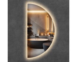 Wallfluent LED Spiegel - Halfronde Spiegel - 30 cm x 60 cm - Halve Maan Spiegel - Badkamerspiegel – Eetkamerspiegel – Keukenspiegel – Kantoorspiegel - Warm Wit 3000K - Visagie - Make-up Spiegel - Scheerspiegel - Hangspiegel - Moderne Wandspiegel