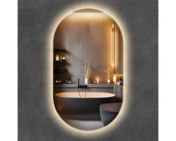Wallfluent LED Spiegel - Oval Spiegel met verlichting - 52 cm x 90 cm - Design Wandspiegel - Woonkamerspiegel – Badkamerspiegel – Halspiegel – Slaapkamerspiegel - Fitnessstudio - Warm Wit 3000K - Energiezuinige Spiegel - Spiegel in Loftstijl
