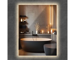 Wallfluent LED Spiegel - Rechthoekige Spiegel Met LED Verlichting - 80 cm x 60 cm - met warm licht - Woonkamerspiegel – Badkamerspiegel – Halspiegel – Slaapkamerspiegel - Luxe - Decoratieve - Woonaccessoires - Make up spiegel - Loftstijl - Japandi