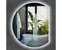 Wallfluent LED Spiegel - Ronde Bijgesneden Spiegel LED Zonder Rand - 63 cm x 70 cm - Decoratieve Wandspiegel - Badkamerspiegel – Eetkamerspiegel – Keukenspiegel – Kantoorspiegel - Koel Wit 6500K - Spiegel met verlichting - Industriële Spiegel