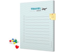 Wallfluent - Reisplanner Prikbord - 40x60 cm - Blauw Prikbord Van Kurk - Kleurrijke Pinnen - Kurkbord Met Print - Kurkbord Wanddecoratie