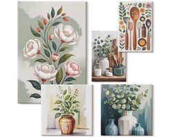 Wallfluent Set van canvas schilderijen - Stijlvolle decoraties met plantenmotieven en keukenaccessoires Canvas Schilderijen Set - Set van 5 Canvas Schilderijen - Grijs Set van Canvas Prints - Natuur Canvas Kunst Set - Boheemse Canvas Kunst Set