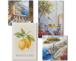 Wallfluent Set van canvas schilderijen - Uitzicht op Positano met citroenen Italiaanse architectuur Canvas Schilderijen Set - Set van 4 Canvas Schilderijen - Veelkleurig Set van Canvas Prints - Landschappen Canvas Kunst Set