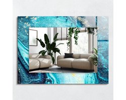 Wallfluent Spiegel - Abstracte Blauwe Kunst Vierkante vorm Spiegel - 80x60 cm - Blauw Veiligheidsglas - Stijlvolle spiegel met grafisch motief - Inloopkastspiegel - Badkamerspiegel - Toiletspiegel - Make-up Spiegel - Premium Spiegel - Hangspiegel