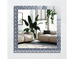 Wallfluent Spiegel - Blauw Bloemenpatroon Vierkante Spiegel - 60x60 cm - Blauw Spiegel op gehard Glas - Design Spiegel - Spiegel - voor slaapkamer kleedkamer woonkamer - Make-up Spiegel - Boho Spiegel - Eenvoudige installatie