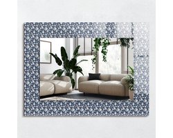 Wallfluent Spiegel - Blauw Bloemenpatroon Vierkante vorm Spiegel - 80x60 cm - Blauw op gehard Glas - Design Spiegel - Inloopkastspiegel - Badkamerspiegel - Toiletspiegel - Make-up Spiegel - Top Kwaliteit Spiegel - Eenvoudige installatie