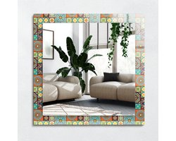 Wallfluent Spiegel - Kleurrijke Mozaïektegels Spiegel op gehard Glas - 60x60 cm - Kleurrijk Vierkante Spiegel - Decoratieve spiegel met patroon - Inloopkastspiegel - Badkamerspiegel - Toiletspiegel - Visagiespiegel - Woonaccessoires - Hangspiegel