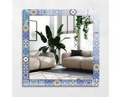 Wallfluent Spiegel - Marokkaanse Patronen Vierkante vorm Spiegel - 60x60 cm - Blauw op gehard Glas - Spiegel met een sierlijk motief - Woonkamerspiegel - Inloopkastspiegel - Hal - Make-up Spiegel - Wanddecoratie Spiegel