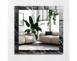 Wallfluent Spiegel - Zwart Marmer Spiegel op gehard Glas - 60x60 cm - Zwart Vierkante Spiegel - Stijlvolle spiegel met grafisch motief - Slaapkamerspiegel - Badkamerspiegel - Gang - Kleedkamer - Make-up Spiegel