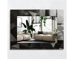 Wallfluent Spiegel - Zwarte Geometrische Vormen Vierkante vorm Spiegel - 80x60 cm - Donkergrijs op gehard Glas - Spiegel met decoratieve opdruk - Inloopkastspiegel - Badkamerspiegel - Toiletspiegel - Scheerspiegel - Woonaccessoires - Wandmontage