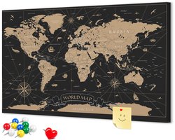 Wallfluent - Vintage wereldkaart Prikbord - 60x40 cm - Grijs Prikbord Van Kurk - Kleurrijke Pinnen - Kurkbord Wanddecoratie - Kurk Prikbord Canvas