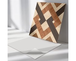 Wallfluent Vinyl Wandpaneel - Geometrisch houtpatroon PVC Muurpaneel - 50 cm x 50 cm - Bruin PVC wandpaneel - 4 stuks - Vierkant Wandbekleding Vinyl - Texturen Wandpaneel - Zelfklevende Wandbekleding - Wandpaneel Keuken en Badkamer